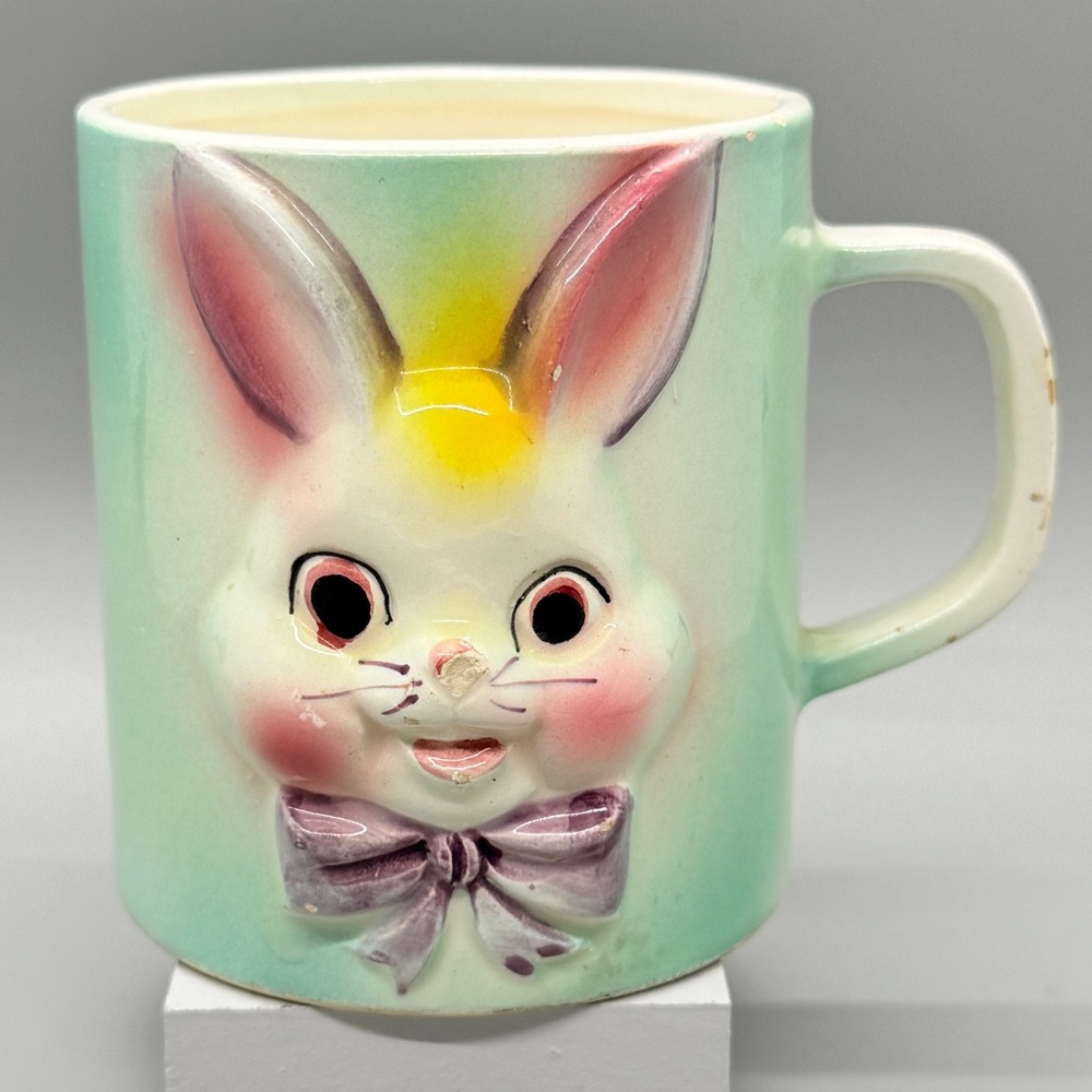 Vintage Child’s Mug Cup with Rabbit Bunny Bow Tie - 1950s - 1960s